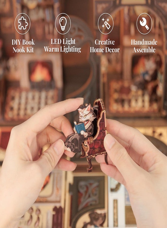 CUTEBEE Premium Bookcase Diorama Kit with LED Lighting - Renaissance Bookstore Miniature Made of Solid Wood, 3D Puzzle for Adults from 14 Years (Count Cat's Study) - Image 5